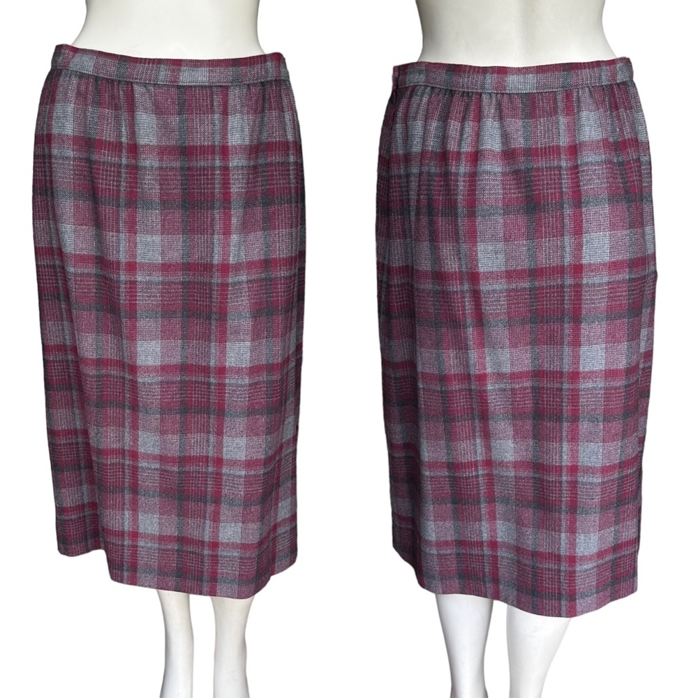 Vintage 1980's Pendleton 100% Virgin Wool Gray & Maroon Midi Skirt Size 14
